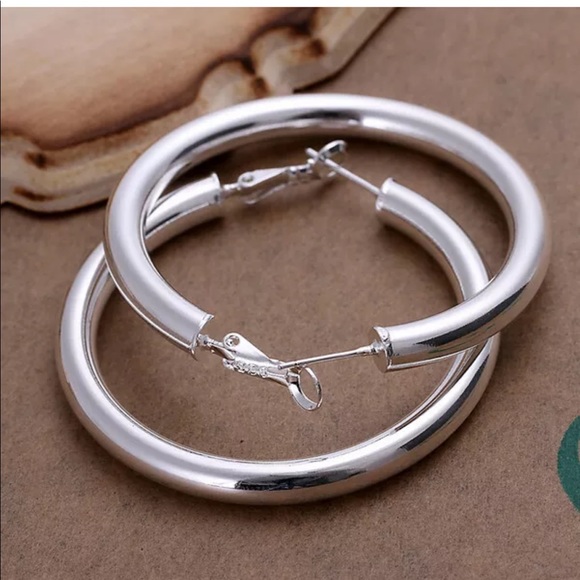 New Silver Large 50mm Round Circle Hoop Earrings - Picture 4 of 8